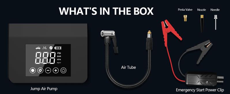 Product Introduction of ćHiehaćPortable Car Jump Starter with Air Compressor,4000A Car Battery Jump Starter (ALL Gas/7.0L Diesel) with 150PSI Tire Inflator, 12V Car Battery Jump Power,15000mAh Power Bank With LED Light 8