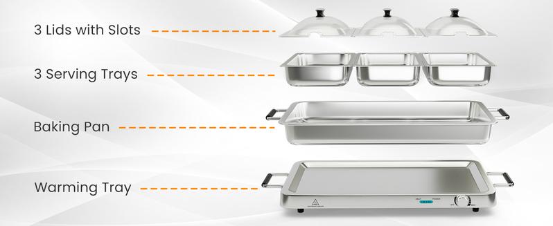 Product Introduction of COSTWAY Buffet Servers and Warmers, 2 in 1 Electric Warming Tray, 450W Stainless Steel Chafing Dish with Temperature Control, 3 Serving Trays, 8 Qt Food Warmers Station for Parties Banquets Events-Deals for You Days 1