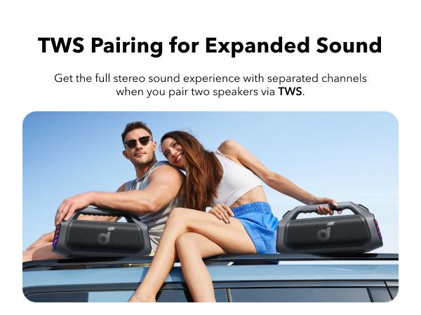 Product Introduction of soundcore Boom 2 Plus/Pro by Anker. Outdoor Speaker. 140W. 2+2 Channel. BassUp 2.0. 20H Playtime. Fast Charge. IPX7 Waterproof. RGB Lights. Power Bank. Bluetooth 5.3. Portable for Outdoors. Camping. Beach 12