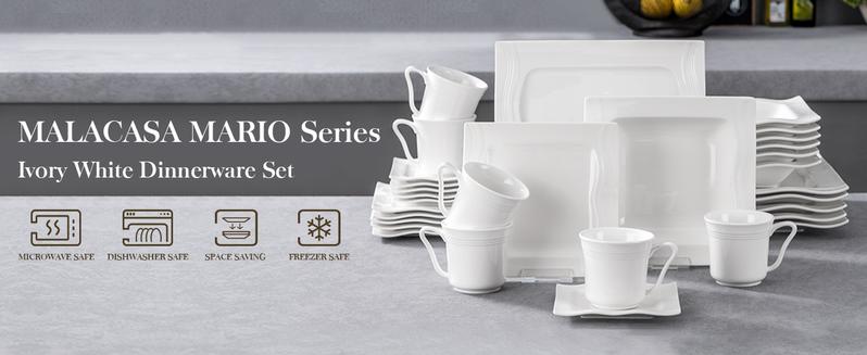 Product Introduction of MALACASA Ivory White Dinnerware Sets. 28/30 Piece Square Plates and Bowls Sets for 6. Porcelain Dish Set with Dinner Plate. Dessert Plate. Soup Plate. Cup and Saucer. Ceramic Dishware Set. Series Mario 0