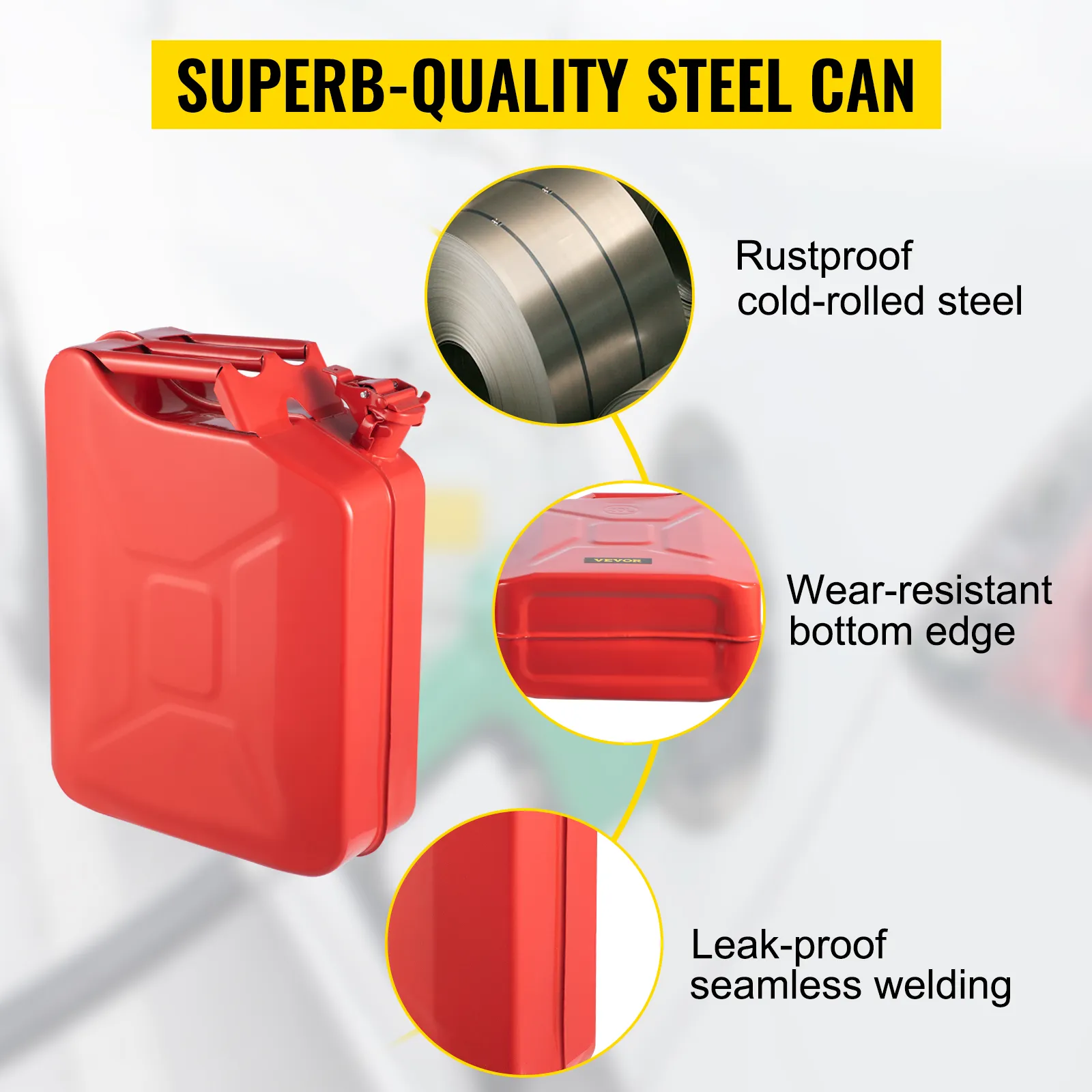 VEVOR jerry fuel can. rustproof cold-rolled steel. wear-resistant bottom edge. leak-proof seamless welding.