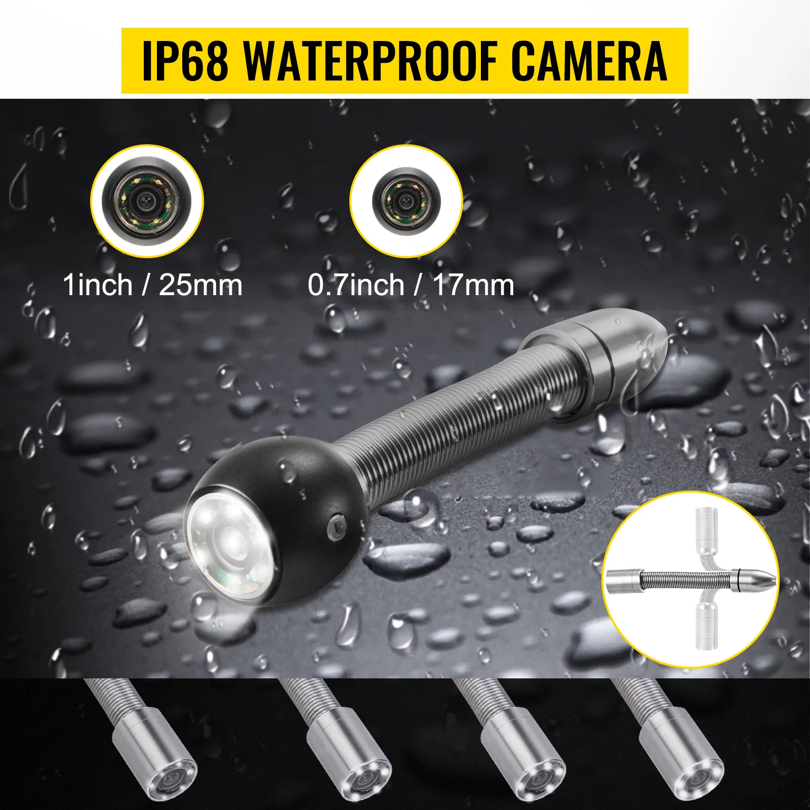 VEVOR sewer camera showcasing ip68 waterproof rating. 1inch/25mm and 0.7inch/17mm lenses.