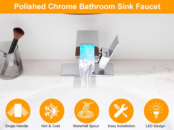 Product Introduction of BESy LED Stainless Steel Waterfall Black Bathroom Faucet. Single Hole Bathroom Sink Faucet. 3 Colors Light Changing Single Handle Vanity Faucets with Supply Lines. Rv One Hole Faucet 6