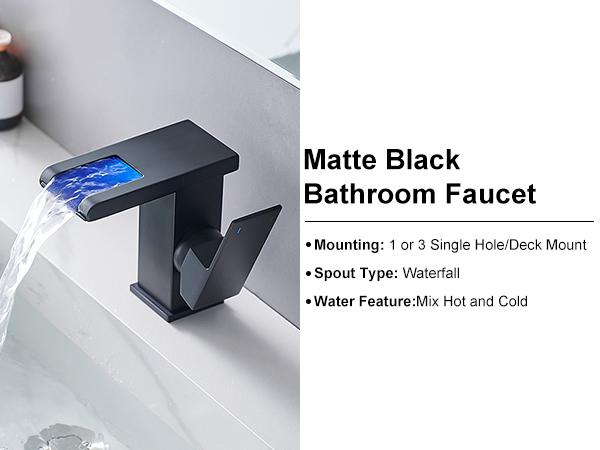Product Introduction of BESy LED Stainless Steel Waterfall Black Bathroom Faucet. Single Hole Bathroom Sink Faucet. 3 Colors Light Changing Single Handle Vanity Faucets with Supply Lines. Rv One Hole Faucet 0
