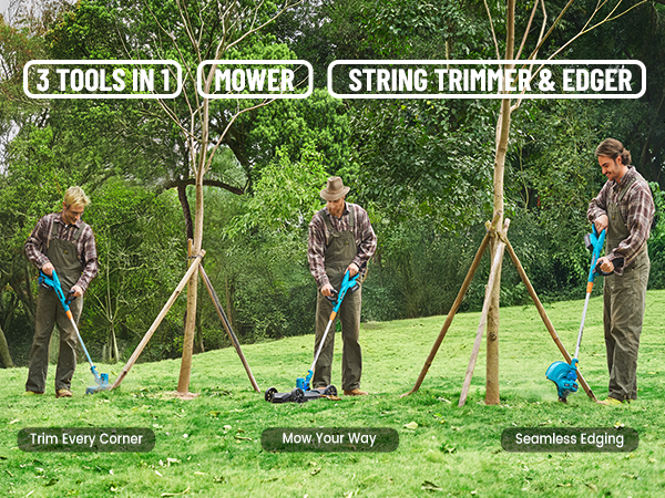 3 Tools In 1: Lawn Mower. String Trimmer. Edger