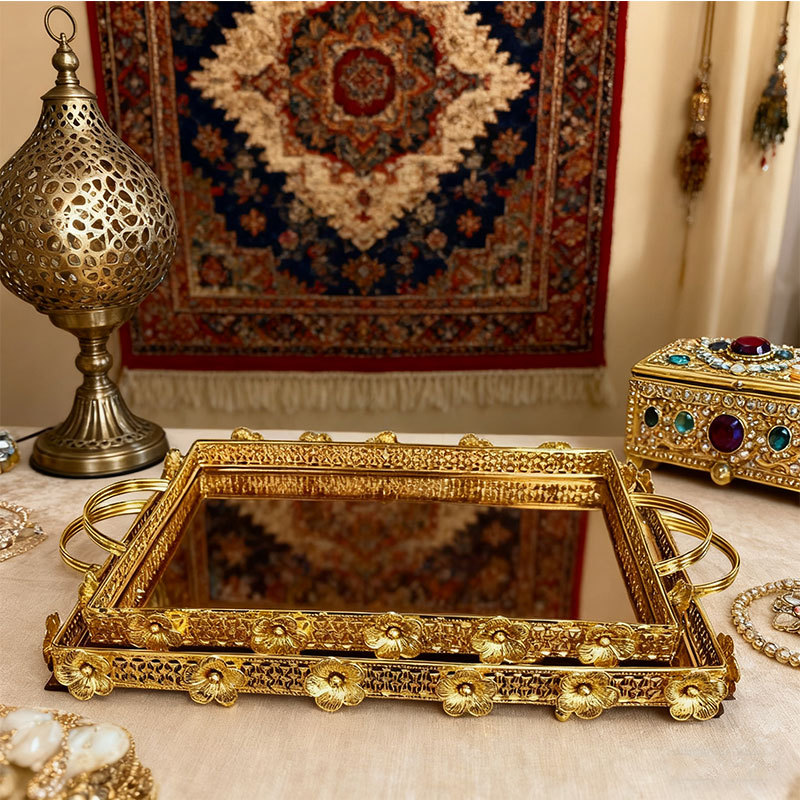 Gold Floral Mirrored Decorative Tray