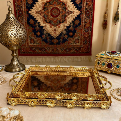 Gold Floral Mirrored Decorative Tray