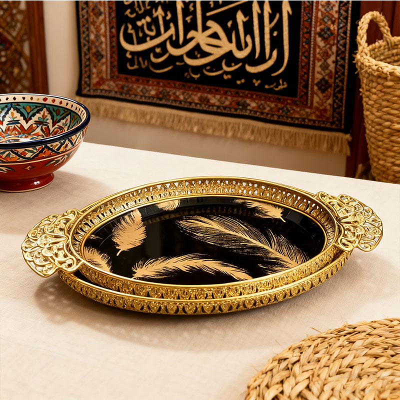 Gold Feather Decorative Tray Set