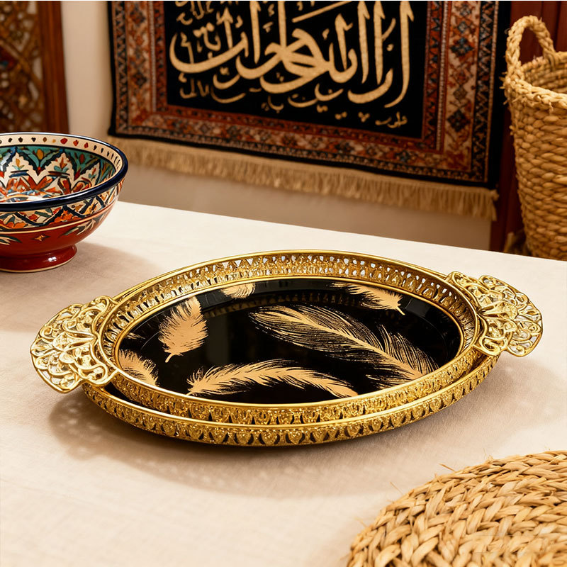 Gold Feather Decorative Tray Set