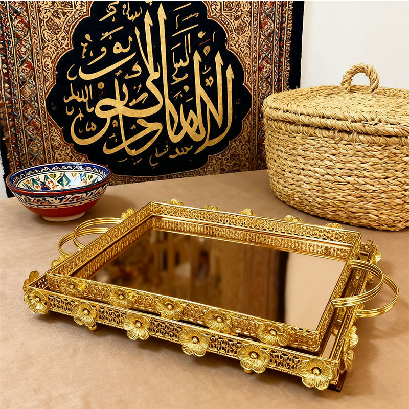 Gold Floral Mirrored Decorative Tray