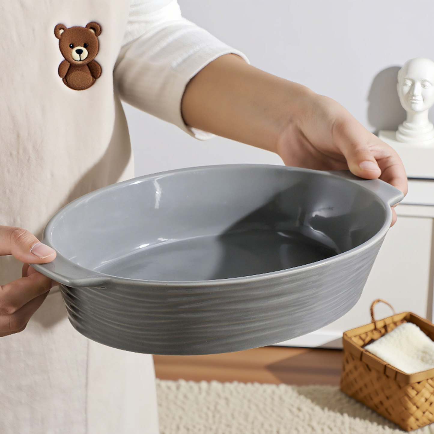 two-Ear Solid Color Oval Ceramic Baking Pan