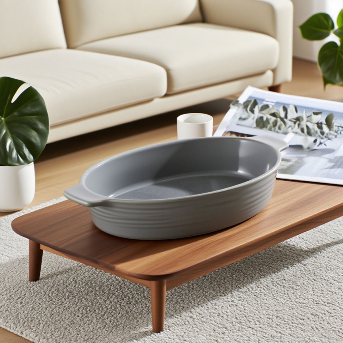 two-Ear Solid Color Oval Ceramic Baking Pan