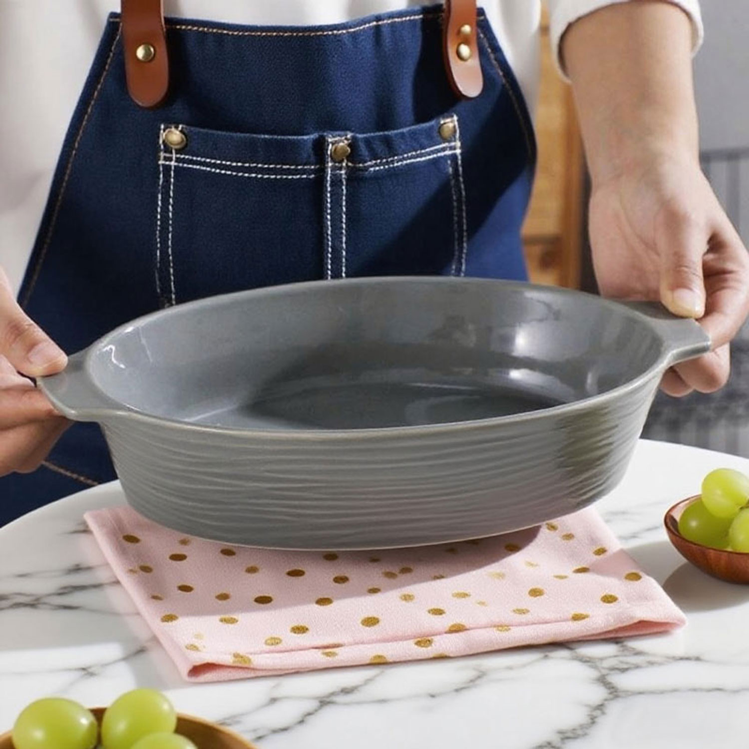 two-Ear Solid Color Oval Ceramic Baking Pan