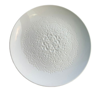 Embossed Floral White Ceramic Plate