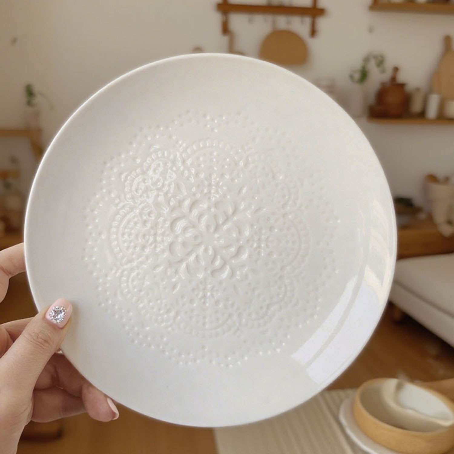 Embossed Floral White Ceramic Plate