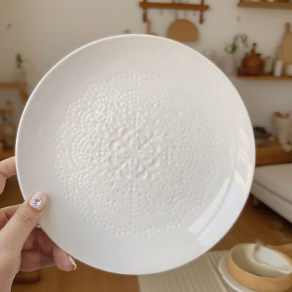 Embossed Floral White Ceramic Plate