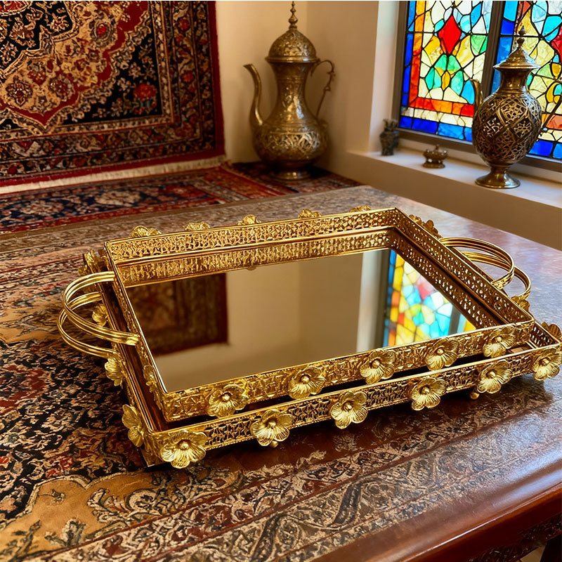 Gold Floral Mirrored Decorative Tray