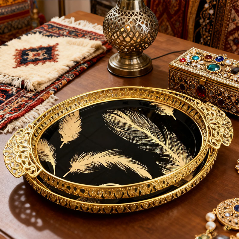 Gold Feather Decorative Tray Set