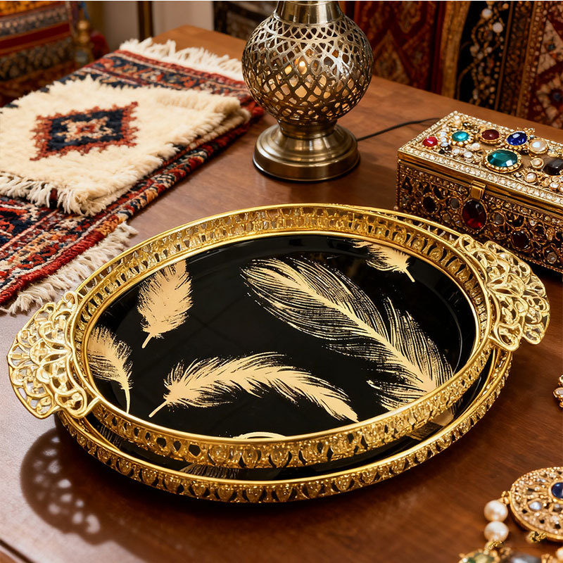 Gold Feather Decorative Tray Set