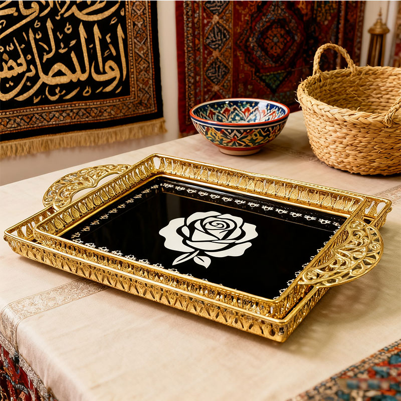 Gold Black & Rose Pattern Decorative Tray