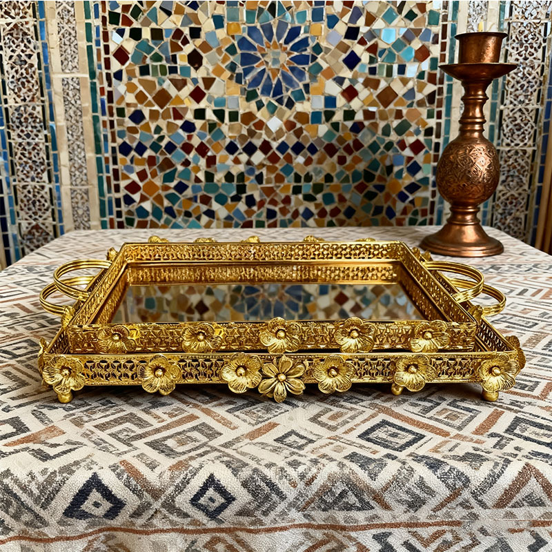 Gold Floral Mirrored Decorative Tray