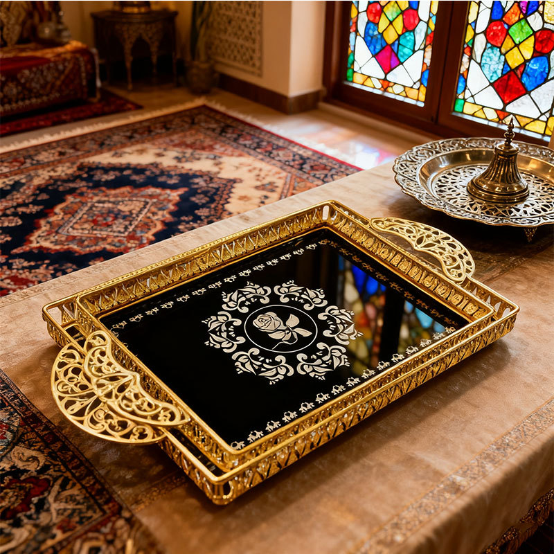 Gold Black & Rose Pattern Decorative Tray