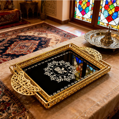 Gold Black & Rose Pattern Decorative Tray
