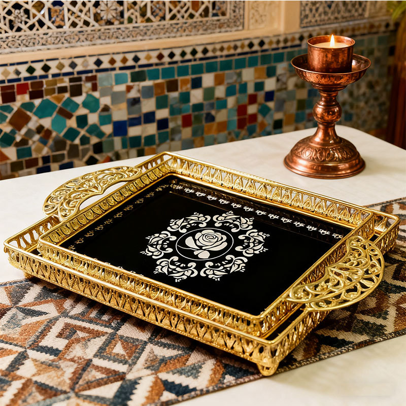 Gold Black & Rose Pattern Decorative Tray