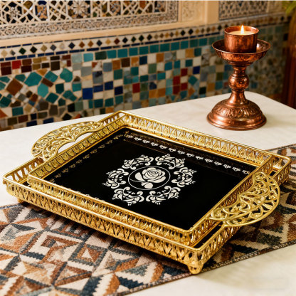 Gold Black & Rose Pattern Decorative Tray