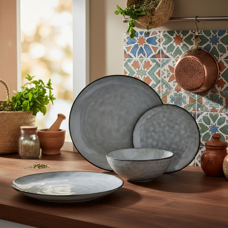 Gray Blue Textured Ceramic Dinnerware Set