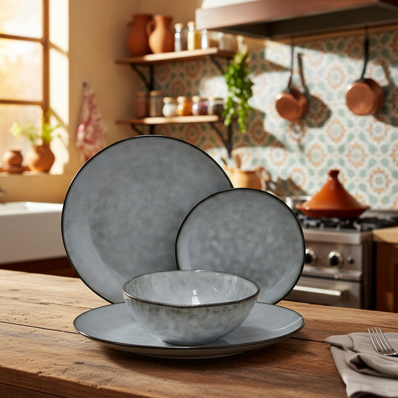 Gray Blue Textured Ceramic Dinnerware Set