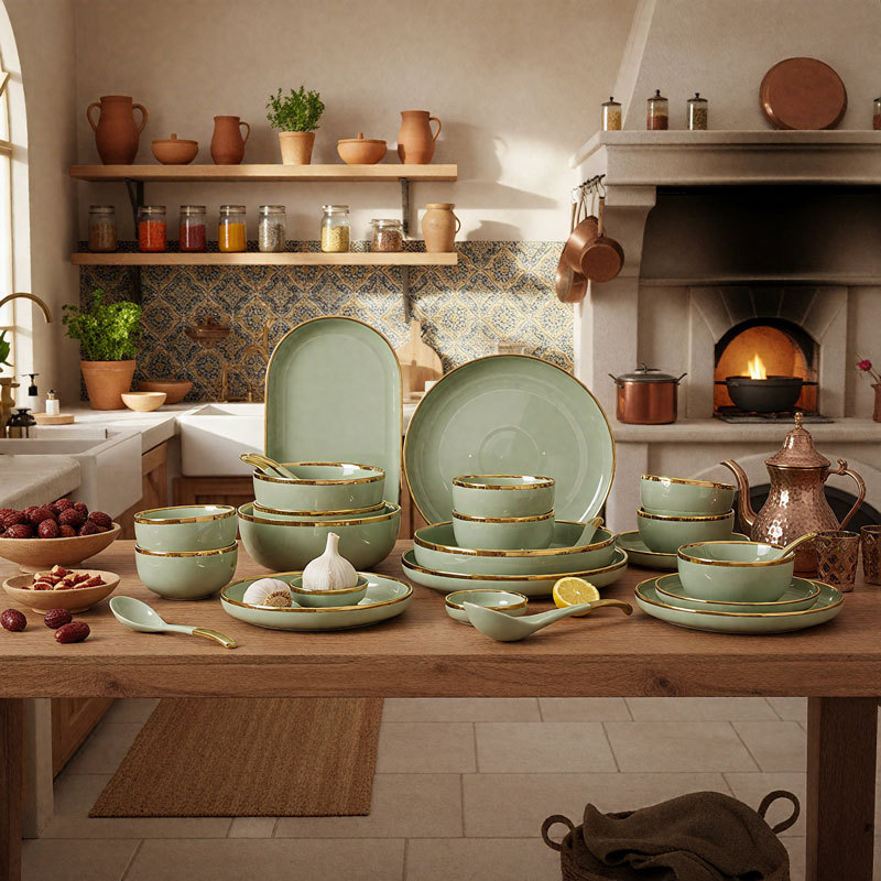 Ceramic Dinnerware Set with Gold Rim