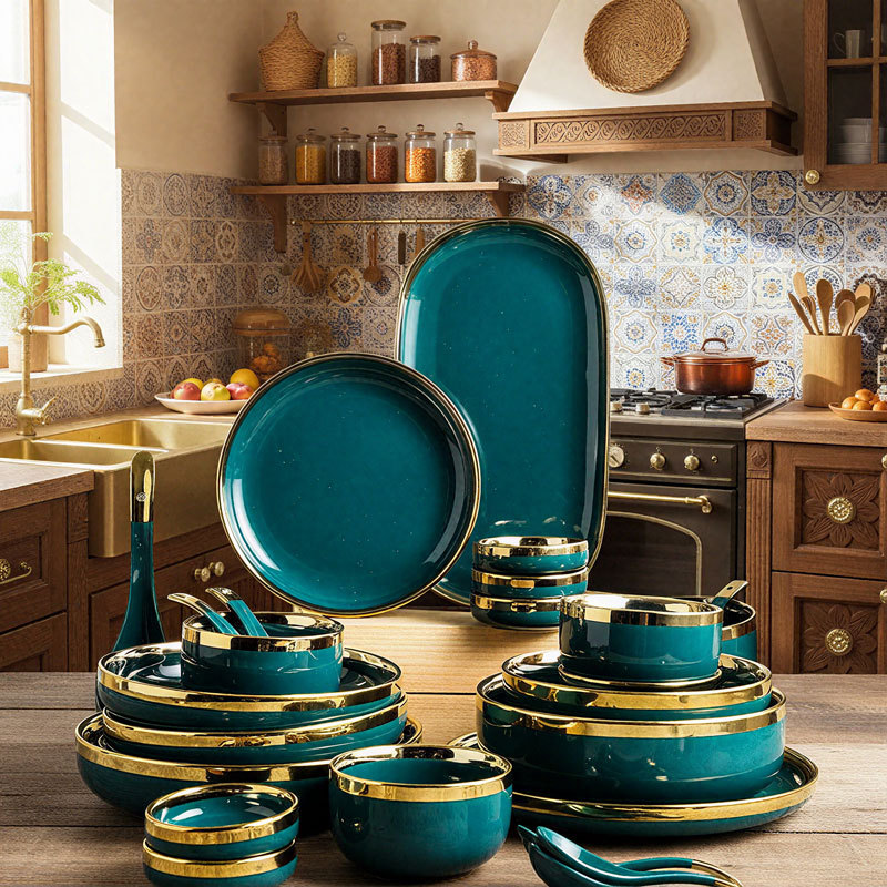 Ceramic Dinnerware Set with Gold Rim