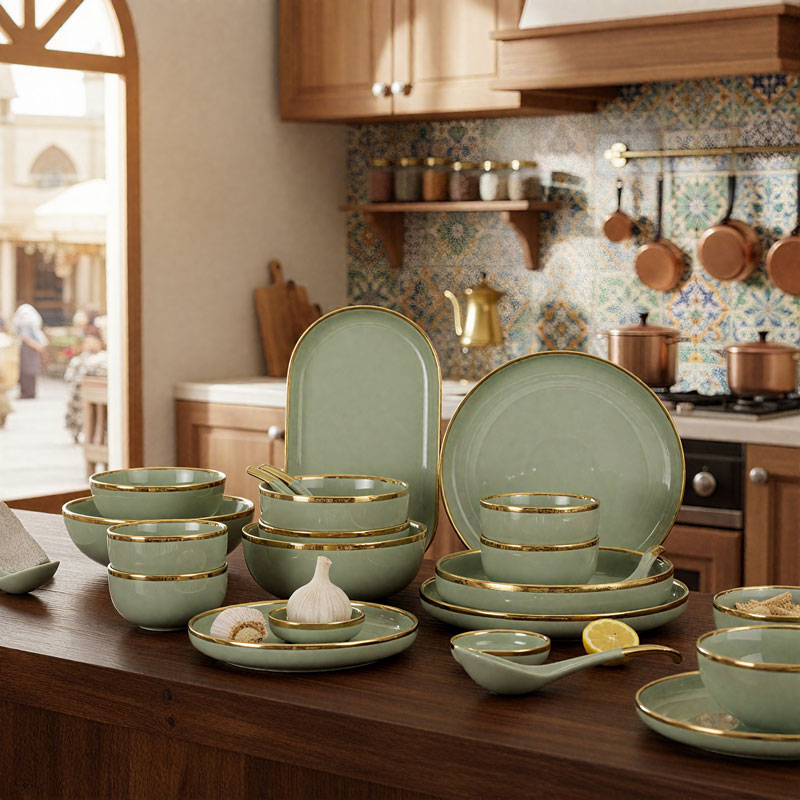 Ceramic Dinnerware Set with Gold Rim