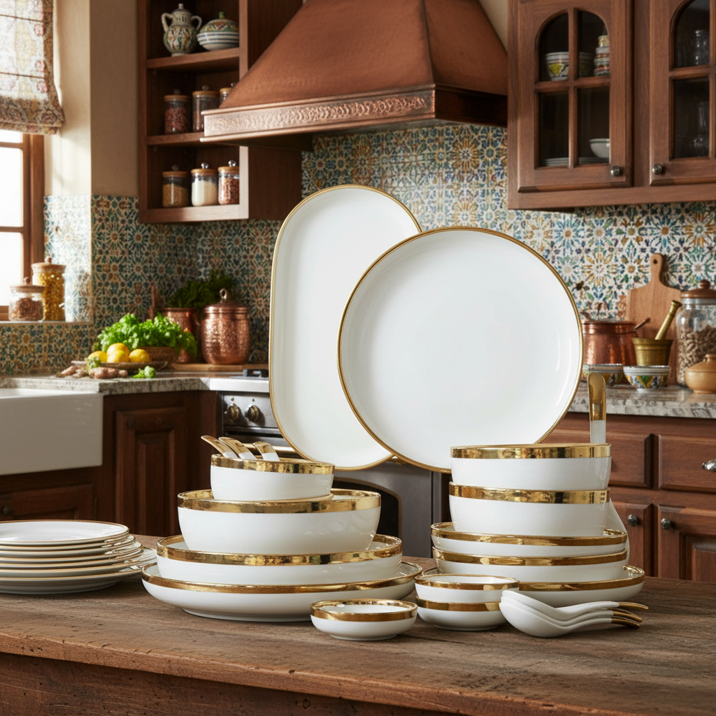 Ceramic Dinnerware Set with Gold Rim