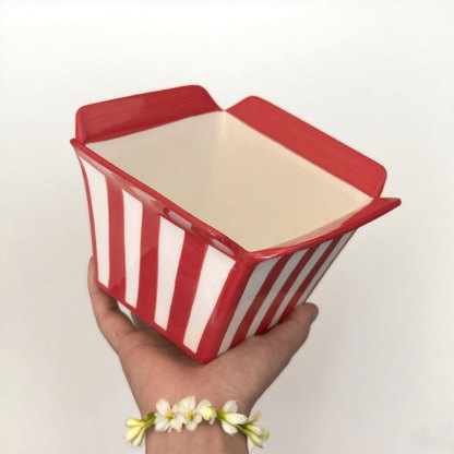 Red-White Striped Ceramic Snack Bowl