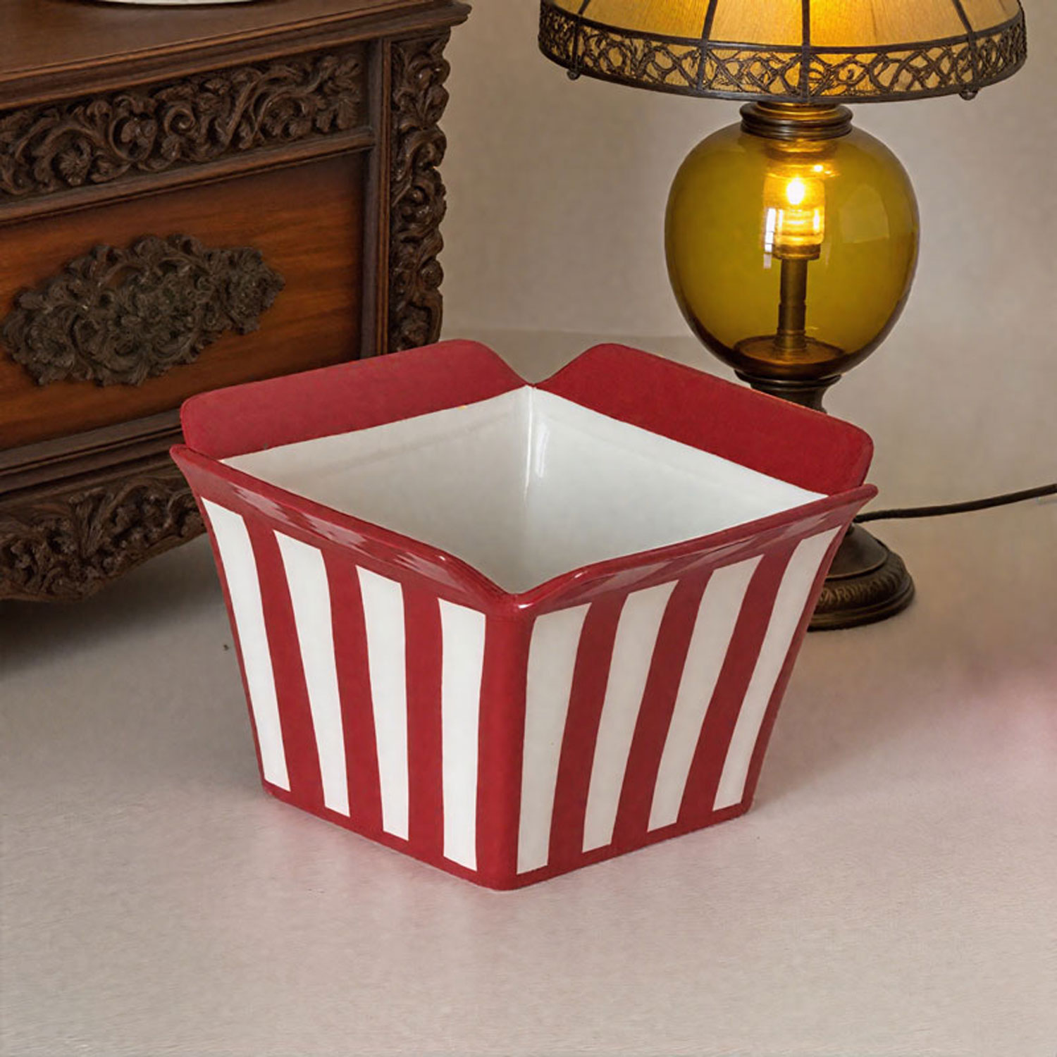 Red-White Striped Ceramic Snack Bowl