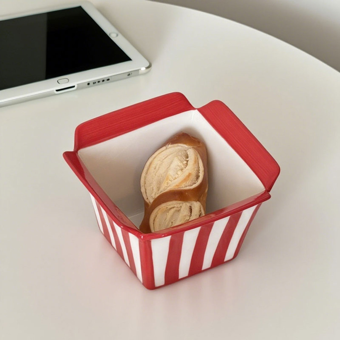 Red-White Striped Ceramic Snack Bowl