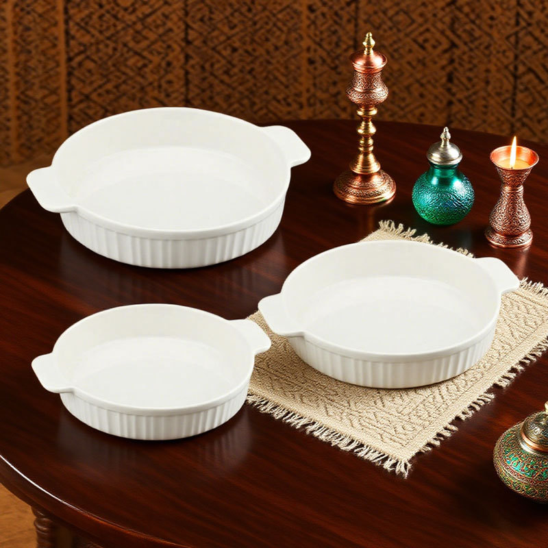 3-Piece White Ceramic Round Bakeware Set