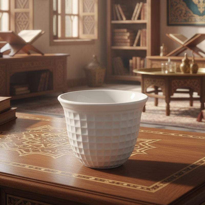 White Grid-Patterned Ceramic Tea Cup