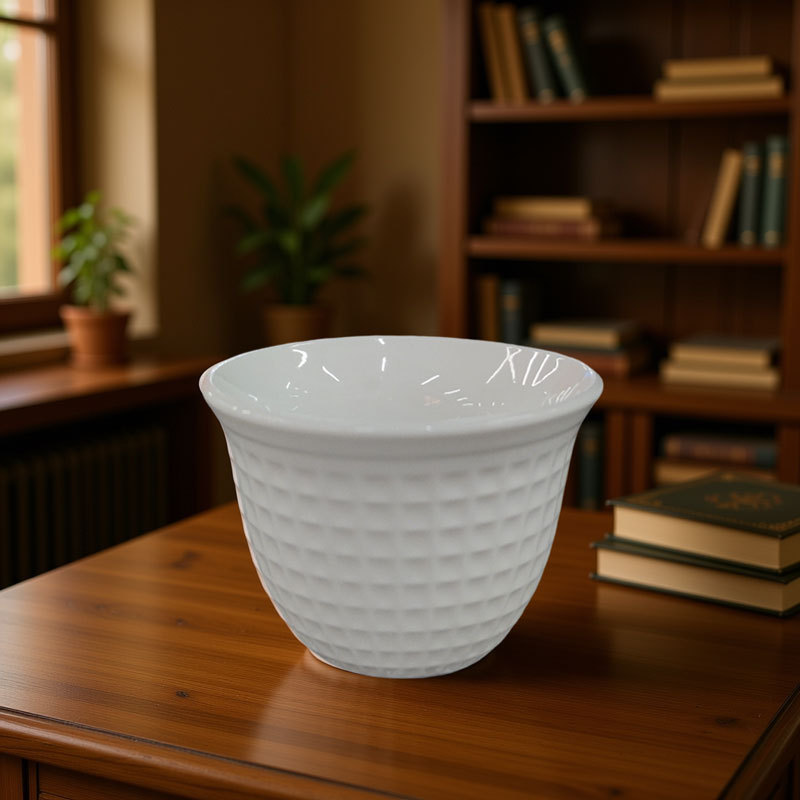 White Grid-Patterned Ceramic Tea Cup