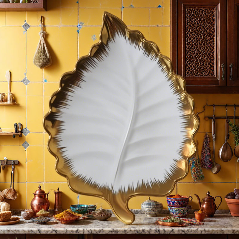 Gold - Trimmed Leaf - shaped Ceramic Plate
