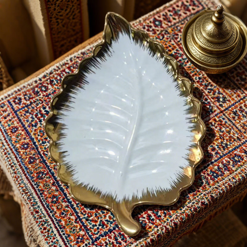 Gold - Trimmed Leaf - shaped Ceramic Plate