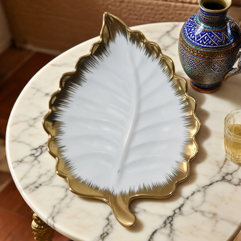 Gold - Trimmed Leaf - shaped Ceramic Plate