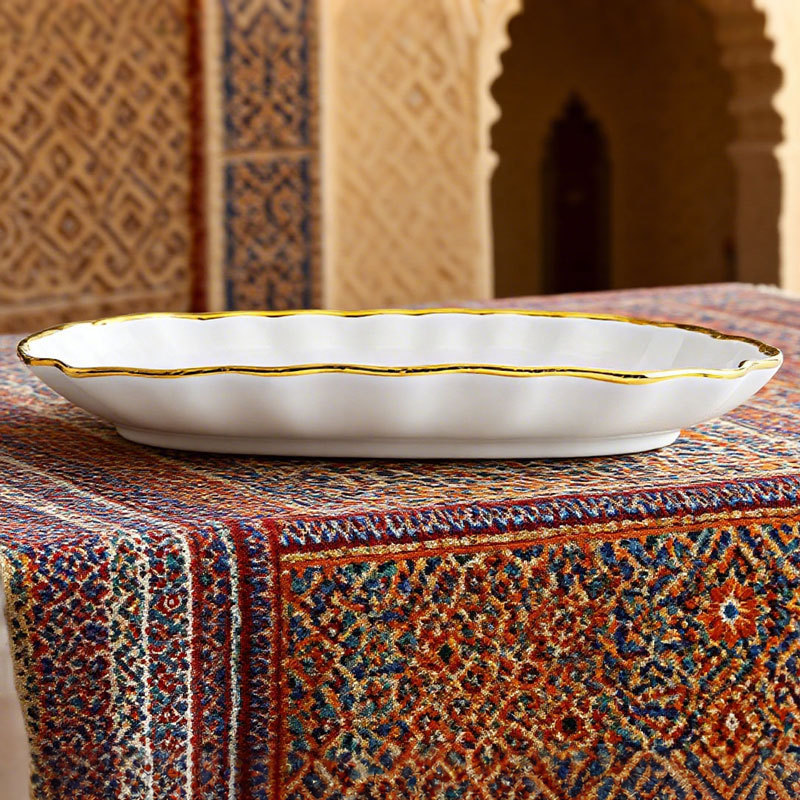 Gold - Rimmed White Ceramic Fish Plate