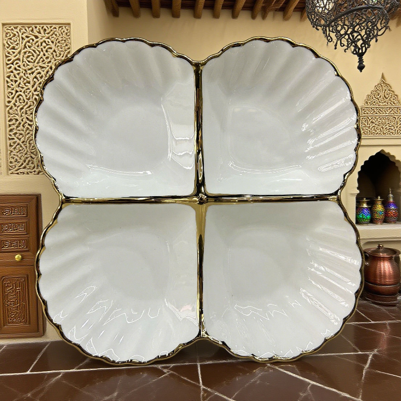 Gold - Rimmed 4 - Compartment Ceramic Plate