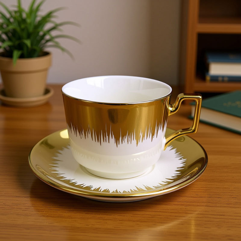 Gold - White Ceramic Cup and Saucer Set