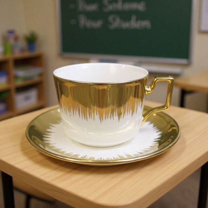 Gold - White Ceramic Cup and Saucer Set