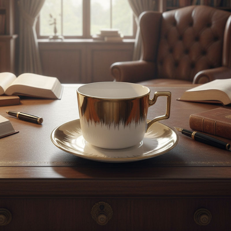 Gold - White Ceramic Cup and Saucer Set