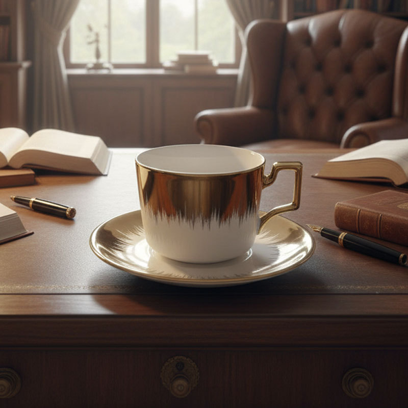 Gold - White Ceramic Cup and Saucer Set